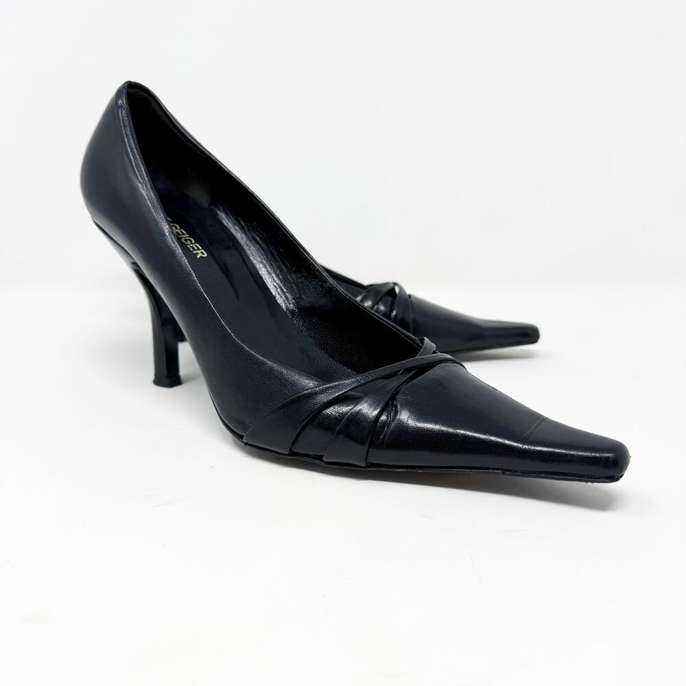 Vintage Y2K Kurt Geiger Black Leather Pointy Toe Stilettos Sz 37.5 Made in Italy